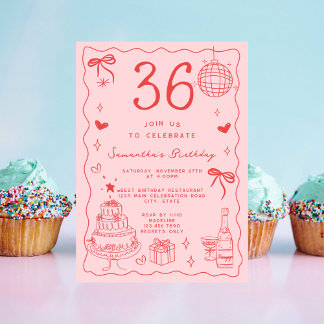 Retro Whimsical Quirky Red Pink 36. Geburtstag Einladung
