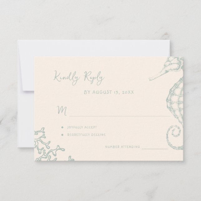 Retro whimsical script beach destination wedding RSVP karte (Vorderseite)