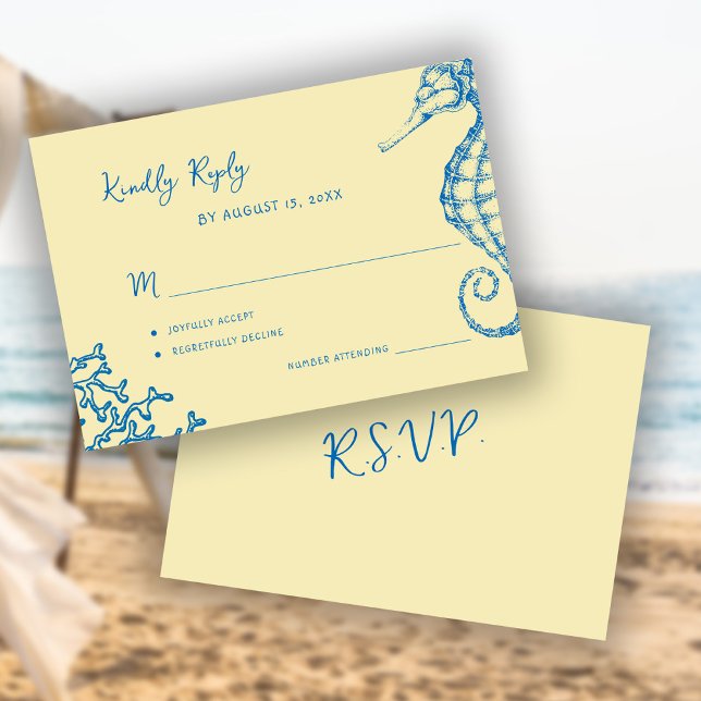 Retro whimsical script beach destination wedding RSVP karte (Von Creator hochgeladen)