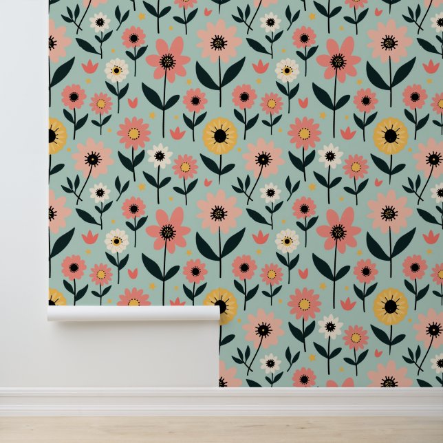 Retro Whimsical Spring Floral Muster Tapete (Anwendung)