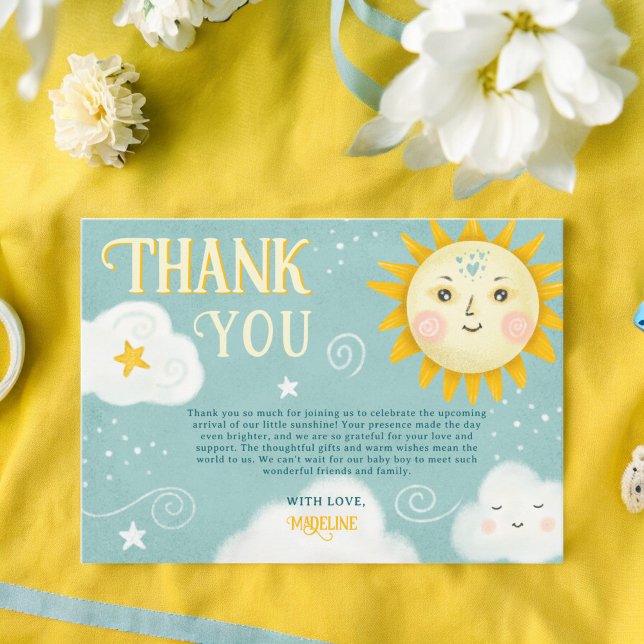 Retro whimsical Sun and Clouds Babydusche Dankeskarte (Retro whimsical Sun and Clouds baby shower Thank You Card)