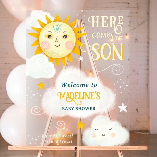 Retro whimsisical Sonne hier kommt der Sohn Baby D Acrylschild (Retro whimsical Sun here comes the son baby shower Acrylic Sign)
