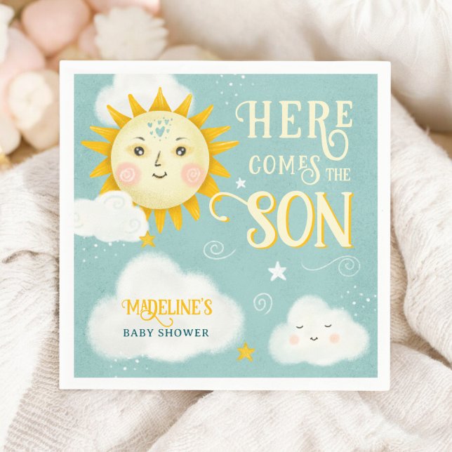 Retro whimsisical Sonne hier kommt der Sohn Baby D Serviette (Retro whimsical Sun here comes the son baby shower Napkins)