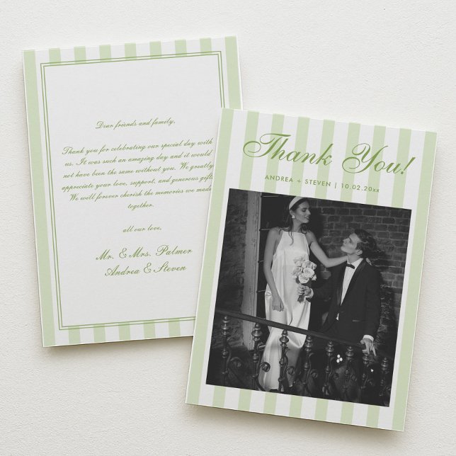 Retro White and Green Striped Wedding Photo  Dankeskarte (Von Creator hochgeladen)
