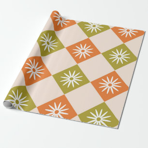 Retro White Blume auf Orange und Green Diamonds Geschenkpapier