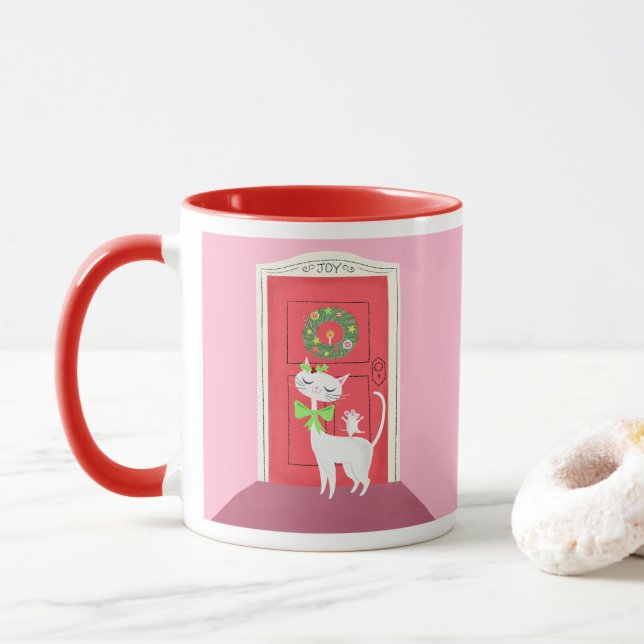 Retro White Cat and Mouse Pink Tasse (Mit Donut)