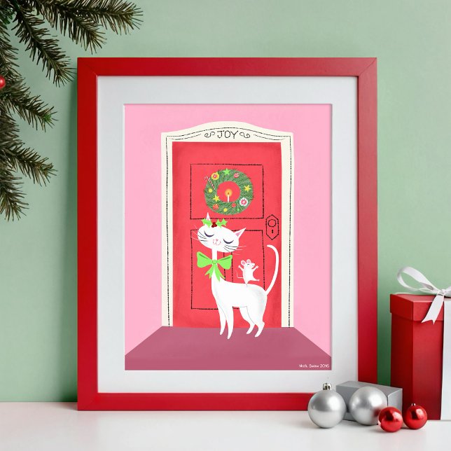 Retro White Cat und Mouse Art Printing Poster (Red frame is for display only.)