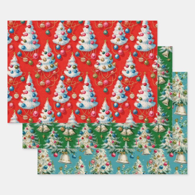Retro White Christmas Tree Geschenkpapier Set (Set)