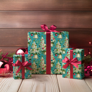 Retro White Christmas Trees Blue Geschenkpapier