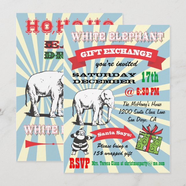 Retro White Elephant Weihnachten-Party Einladungen (Vorne/Hinten)