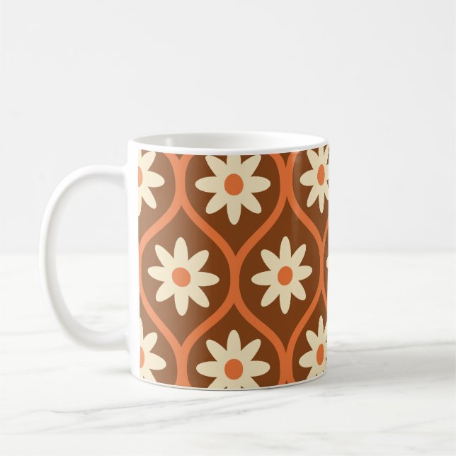 Retro White Flowers on Brown Vintage Ogee  Kaffeetasse (Links)