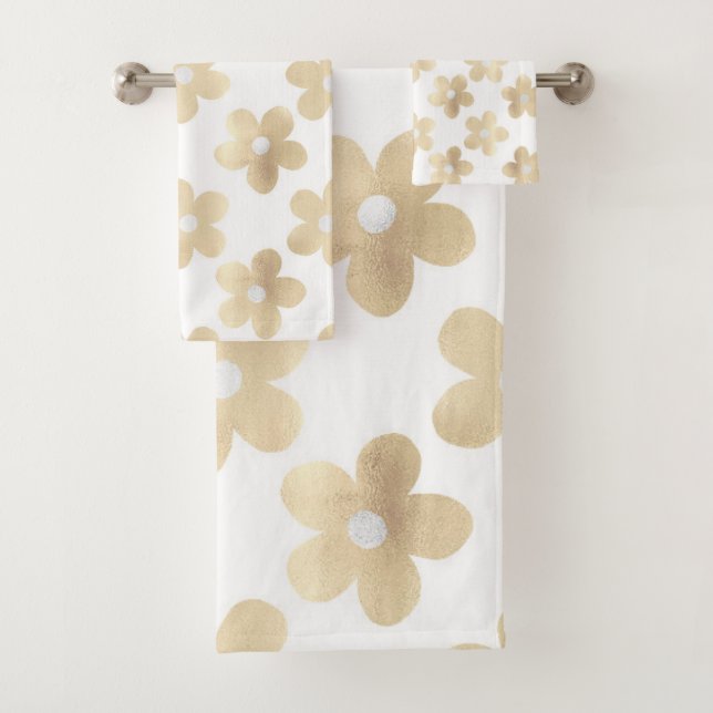 Retro White Gold Daisy Blume Badhandtuch Set (Insitu)