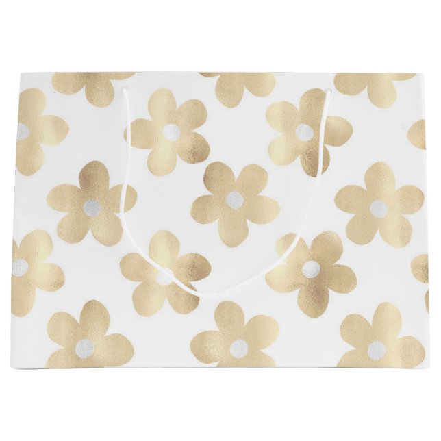 Retro White Gold Daisy Blume Große Geschenktüte (Vorderseite)