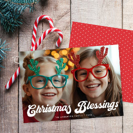 Retro White Script Christmas Blessings One Photo Feiertagskarte