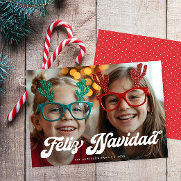 Retro White Script Feliz Navidad One Photo Feiertagskarte