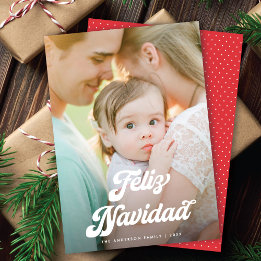 Retro White Script Feliz Navidad One Photo Feiertagskarte