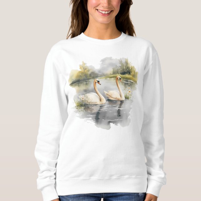 Retro White Swans Winter Lake Szene Sweatshirt (Vorderseite)