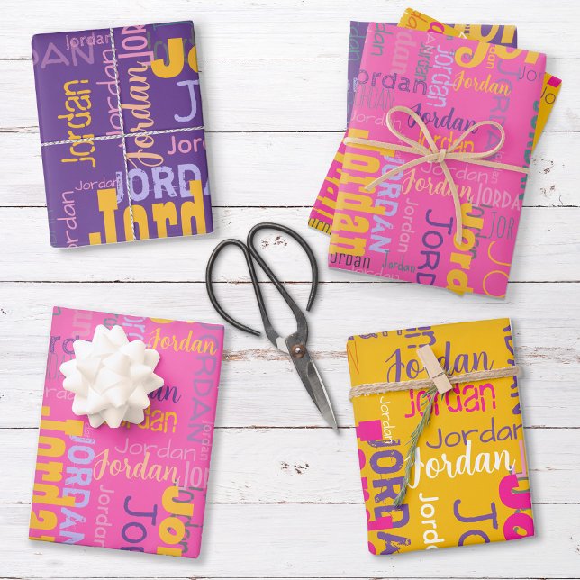 Retro Wiederholung von Namensfarben Rosa Lila gelb Geschenkpapier Set (Set includes three sheets - one of each color.)