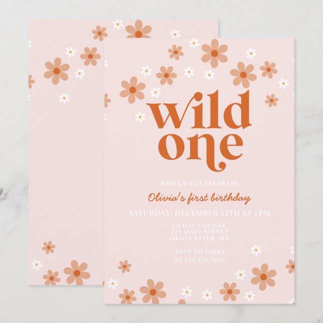 Retro wild One daisy boho ersten Geburtstag Einladung (Vorne/Hinten)
