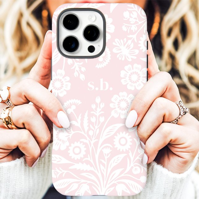 Retro-Wildblume Blush Pink Floral Monogramm Case-Mate iPhone Hülle (Von Creator hochgeladen)
