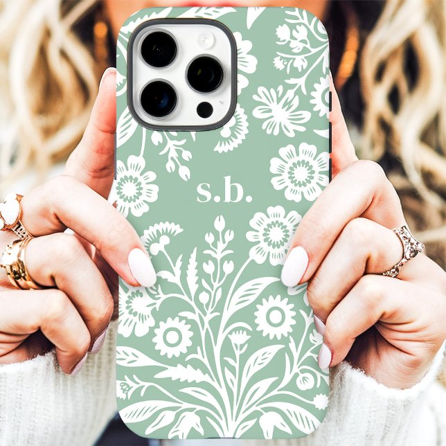 Retro-Wildblume Minze grüne Blütenmonogramm Case-Mate iPhone Hülle (Von Creator hochgeladen)