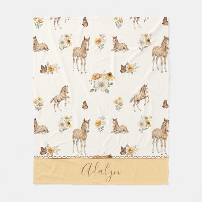 Retro-Wildblumen-Pferd- und Schmetterlingsmuster  Fleecedecke (Vorderseite)