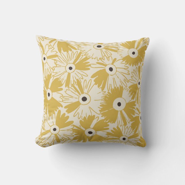 Retro Wildflower & Diamond Grid Reversible Mustard Kissen (Vorderseite)