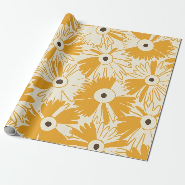 Retro Wildflower Large Scale Floral Goldenrod Geschenkpapier (Ungerollt)