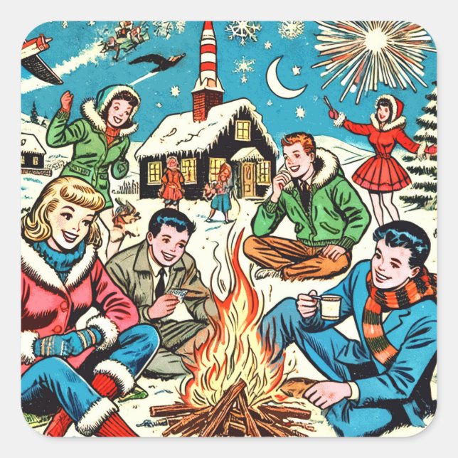 Retro Winter Comic Quadratischer Aufkleber (Vorderseite)