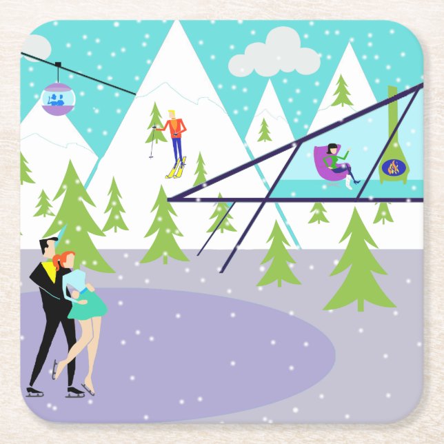 Retro Winter-Ski-Erholungsort-Papier-Untersetzer Rechteckiger Pappuntersetzer (Vorderseite)