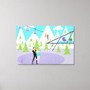 Retro Winter Ski Resort Stretched Canvas Print Leinwanddruck
