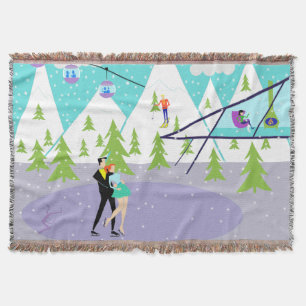 Retro Winter Ski Resort Throw Blanket Decke