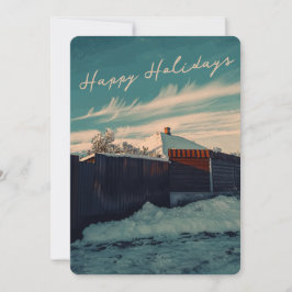 Retro Winter Snow Landscape Teal Sky Holiday Feiertagskarte