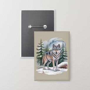 Retro-Winter-Wolf-Aquarell 90er-Wildnis Natur Button