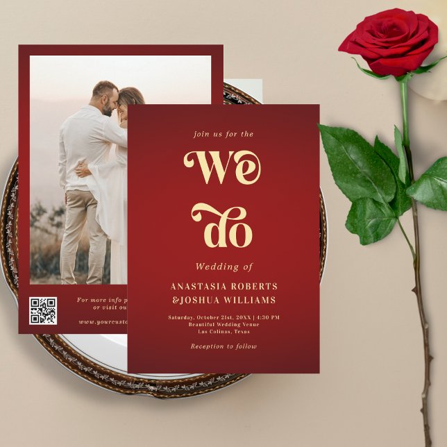 Retro Wir machen Crimson Red Gold QR Code Hochzeit Einladung (Von Creator hochgeladen)
