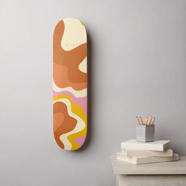 Retro Wirbel Geometric Boho 70er Peach & Brown Skateboard (Wandkunst)