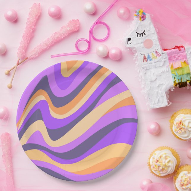 Retro-Wirbel - lila & orange Pappteller (Party)