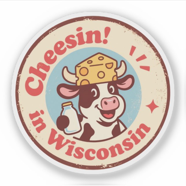 Retro Wisconsin Abzeichen_ Cartoon Kuh in Käsehut Aufkleber (Vorderseite)
