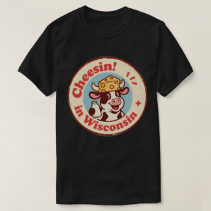 Retro-Wisconsin-Abzeichen_ Cartoon-Kuh mit Käsehut T-Shirt