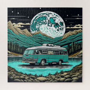 Retro-Wohnmobil-Camper in den Bergen in Türkis Puzzle