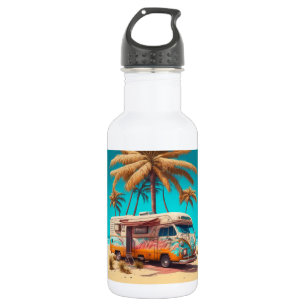 Retro-Wohnmobil und Palmen Edelstahlflasche