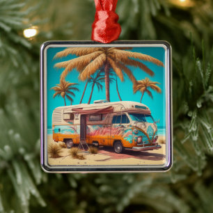 Retro-Wohnmobil und Palmen Ornament Aus Metall