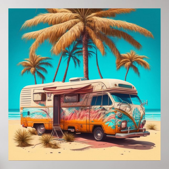 Retro-Wohnmobil und Palmen Poster (Vorne)