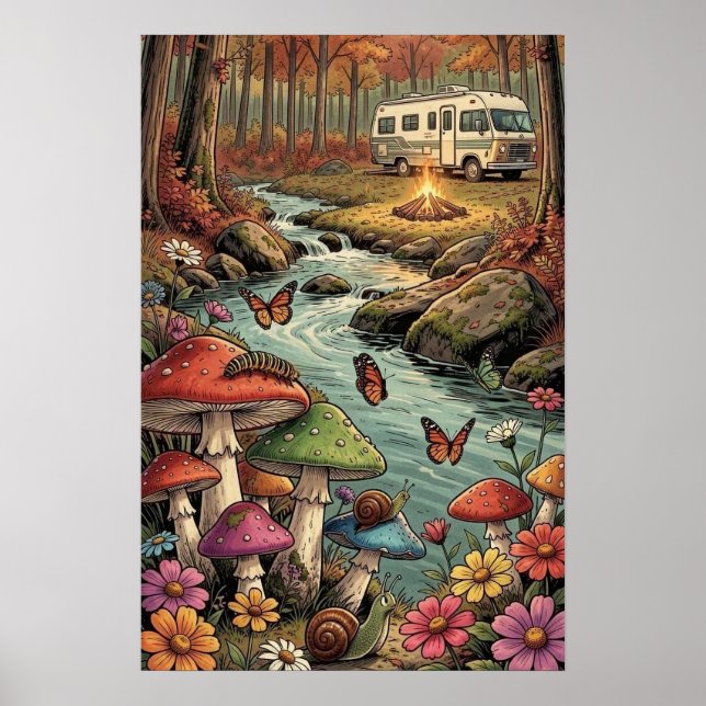 Retro-Wohnwagen, Pilze, Bach und Blumen Poster (Vorne)