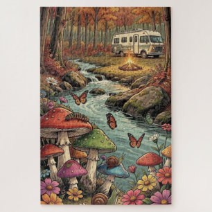 Retro-Wohnwagen, Pilze, Bach und Blumen Puzzle