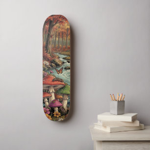 Retro-Wohnwagen, Pilze, Bach und Blumen Skateboard