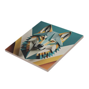 Retro-Wolf cooler geometrischer Stil Blau Senf  Fliese