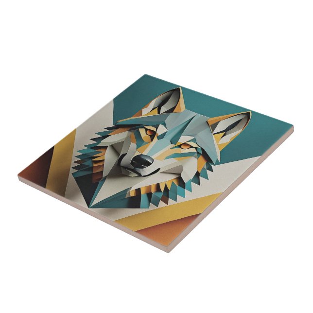 Retro Wolf cooler geometrischer Stil Blue Senf Fliese (Seite)