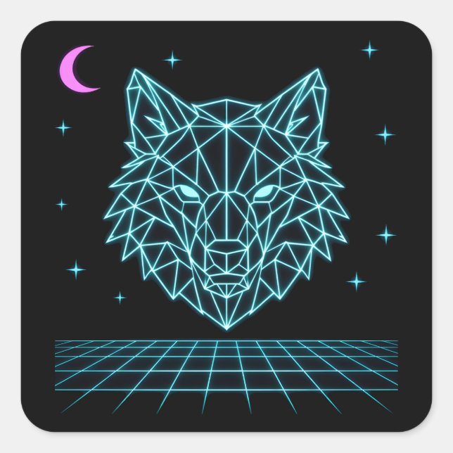 Retro Wolf Synthwave - Neon Nacht Heuler Quadratischer Aufkleber (Vorderseite)