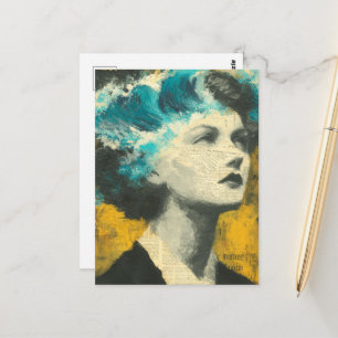 Retro Woman Brain Waves Mixed Media Collage Postkarte